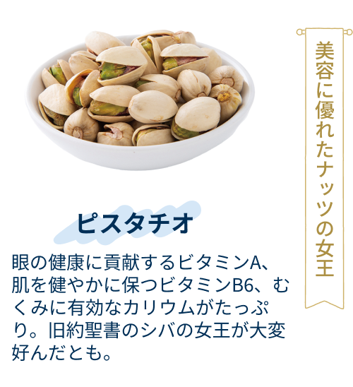 ピスタチオ：眼の健康に貢献するビタミンA、肌を健やかに保つビタミンB6、むくみに有効なカリウムがたっぷり。旧約聖書のシバの女王が大変好んだとも。